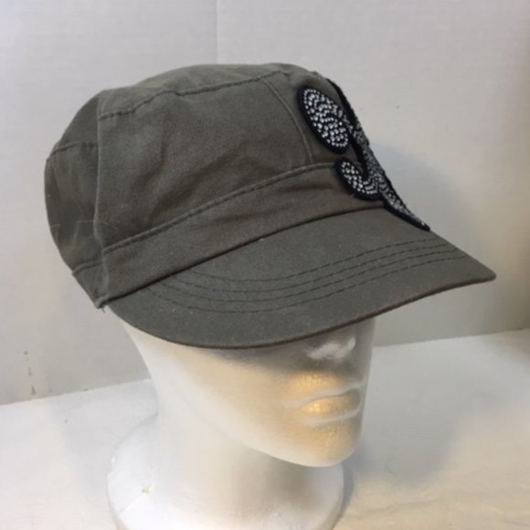 Military Green Cotton Newsboy Cap Hat w/ Rhinestones Fleur De Lis D&Y Elastafit - Picture 3 of 8